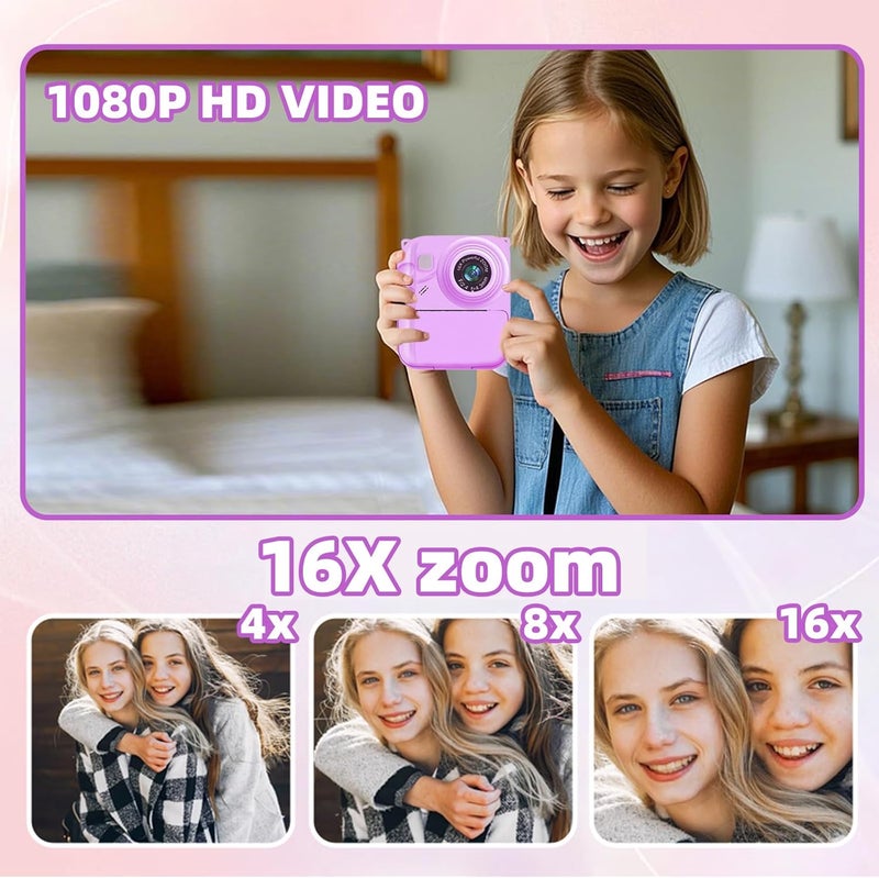 QDH Instant Print Camera for Kids, 1080P Video Camera with 3 Print Rolls, 32GB Card & Cute Cover, Gift for Girls Boys Age 3-12, Toddler Digital Camera with Games, Filters, Music – Purple - Image 5